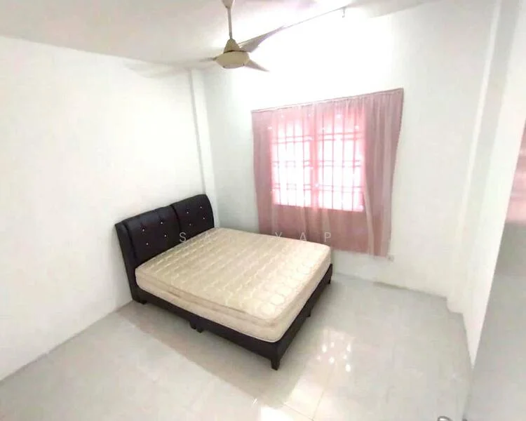 Bedroom features: queen-size bed, upholstered headboard, white painted walls, white tiled flooring, ceiling fan, curtains in light pink, window with grid pattern, natural light from window; style: minimalist.