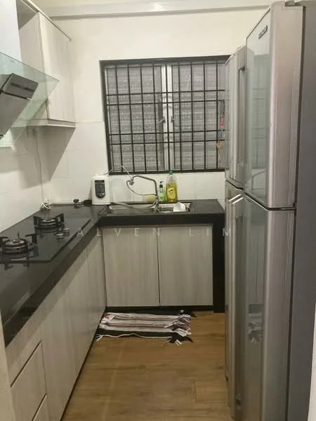 Kitchen features: black granite countertop, stainless-steel sink, chrome pull-down faucet, 2-burner gas hob, stainless-steel range hood, white cabinetry with flat-panel design, built-in refrigerator, wooden flooring, window with security bars, kitchen towel on floor; style: modern.