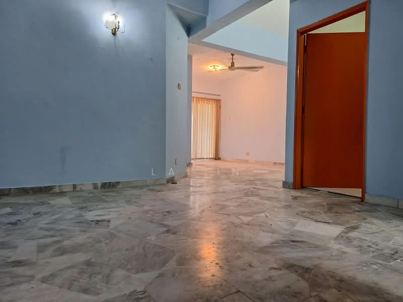 Room features: marble flooring, blue painted walls, ceiling fan, wall-mounted light fixture, sliding glass door, curtains, open layout, doorway leading to another room.