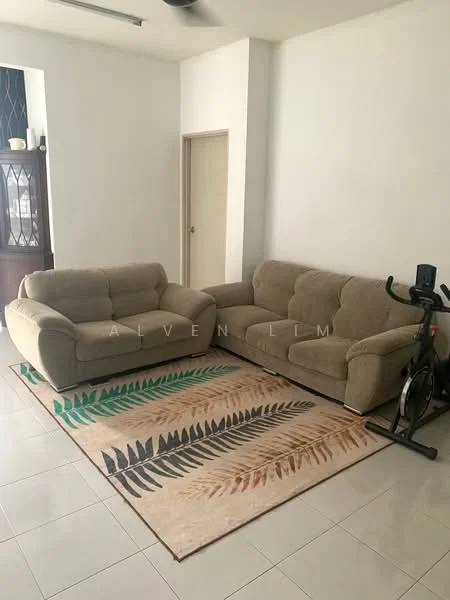 Living features: L-shape sectional sofa in beige, 3-seater fabric sofa in beige, area rug with leaf pattern, white painted walls, glossy tile flooring, ceiling fan, exercise bike; style: modern.