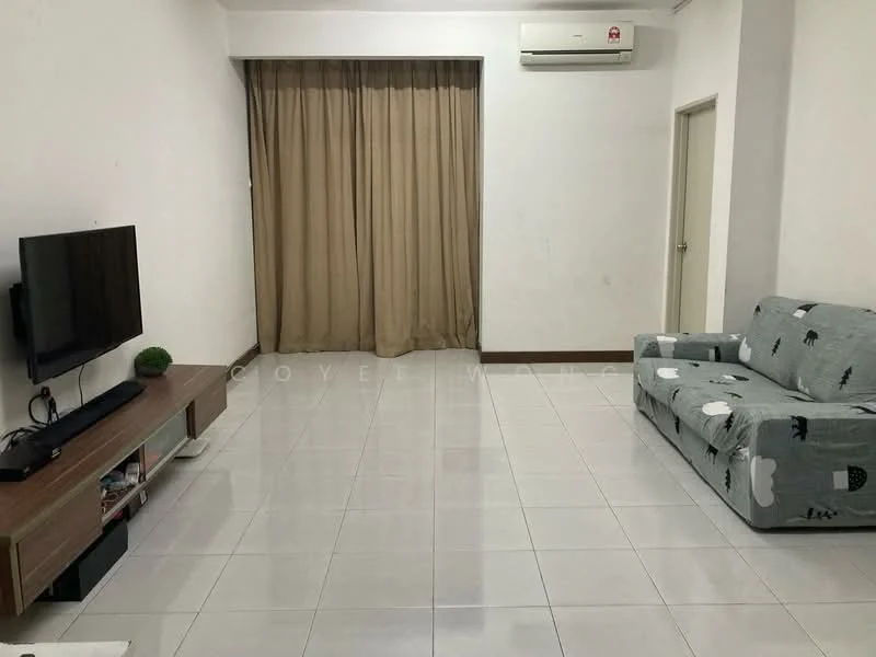 Living features: white painted walls, glossy white tile flooring, 5-blade ceiling fan, wall-mounted TV, wooden TV console, grey fabric sofa with pattern, curtains, air conditioning unit; style: modern.