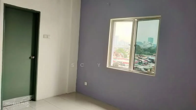 Room features: light purple painted walls, white tiled flooring, single window with city view, green door, corner of room visible; view: city.