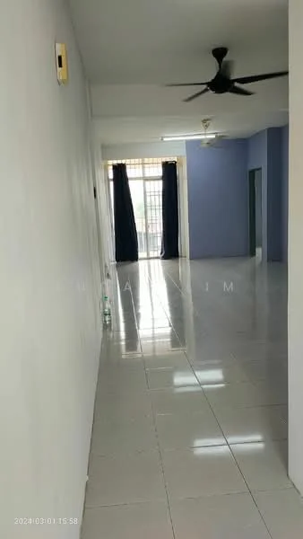 Room features: glossy white tile flooring, light blue painted walls, white ceiling, 5-blade ceiling fan, large windows with sheer curtains, doorway leading to another room, open layout, natural light from windows; style: modern.