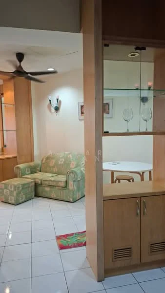 Living features: 3-seater fabric sofa in green with floral pattern, round dining table, ceiling fan, wall sconce, glass display shelves, white tiled flooring, wood cabinetry, decorative rug; style: contemporary.