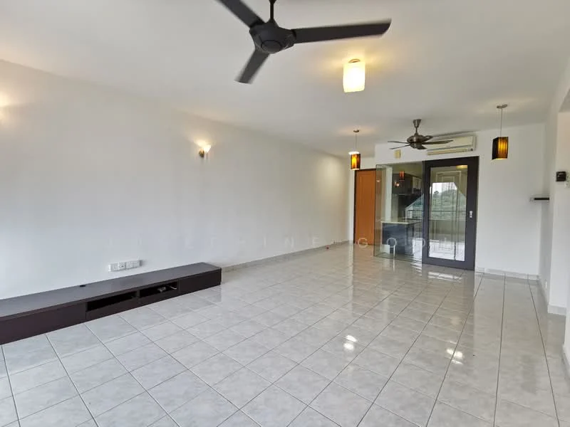 Living features: white painted walls, glossy ceramic tile flooring, 5-blade ceiling fan with light, recessed downlights, wall-mounted TV console, sliding glass door, floor-to-ceiling windows, balcony access, decorative pendant lights; style: modern; view: city.