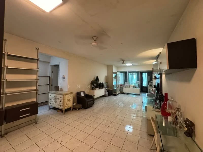 Living features: white painted walls, glossy ceramic tile flooring, 5-blade ceiling fan, sofa in brown fabric, coffee table, TV console, wall-mounted TV, decorative shelving unit, glass display cabinet, large windows with sheer curtains, area rug, dining table with chairs, indirect lighting; style: modern.