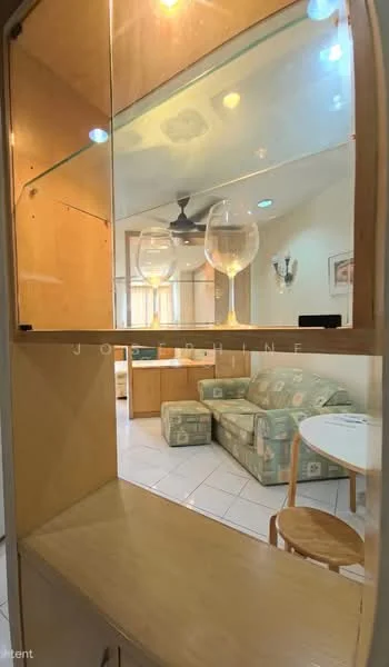 Living features: white painted walls, ceramic tile flooring, 5-blade ceiling fan with light, sofa with patterned upholstery, round dining table, wooden dining chairs, glass display cabinet, decorative wall sconce, window with sheer curtains; style: modern.
