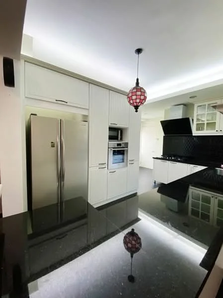 Kitchen features: black granite countertop, white shaker cabinets, stainless-steel fridge, built-in oven, microwave, black tile backsplash, 5-blade ceiling fan with light, pendant light with red glass shade, gas hob, open shelving, recessed downlights; style: modern.