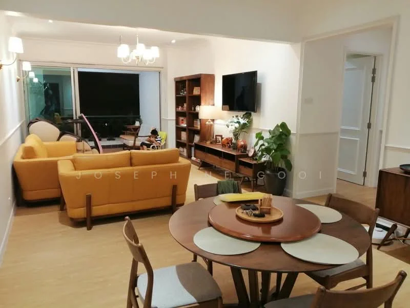Living features: yellow fabric sofa, wooden coffee table, wall-mounted TV, built-in shelving unit, decorative plants, recessed lighting, floor-to-ceiling windows, wooden flooring; style: modern; view: garden. Dining features: round wooden dining table, 4 wooden dining chairs, decorative centerpiece, placemats, wall-mounted light fixtures; style: modern.