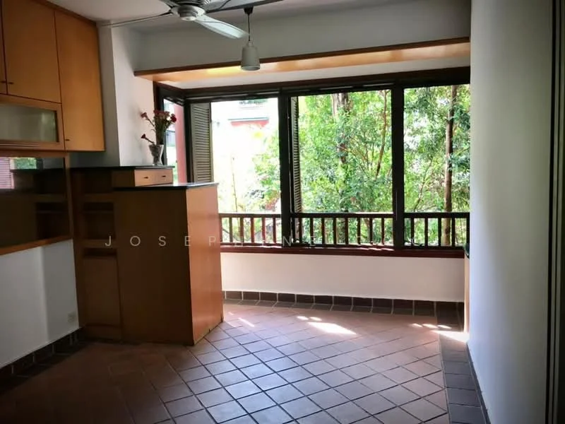Room features: wood cabinetry, black countertop, tile flooring in brown, ceiling fan, large windows, wooden window frames, greenery view, built-in shelving, natural light; style: modern; view: garden.