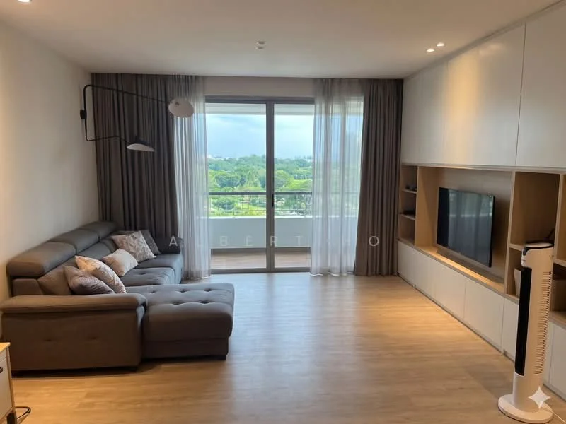 Living features: L-shape sectional sofa in grey, floor-to-ceiling windows, curtains, wooden flooring, wall-mounted TV, entertainment unit, decorative wall panel, coffee table, area rug, light fixture, air conditioning unit; style: modern; view: garden.