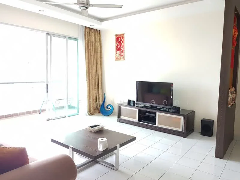 Living features: floor-to-ceiling windows, sliding glass door, beige curtains, 3-seater brown leather sofa, coffee table, TV console, wall-mounted TV, decorative wall art, ceiling fan with light, white tiled flooring; style: modern; view: garden.