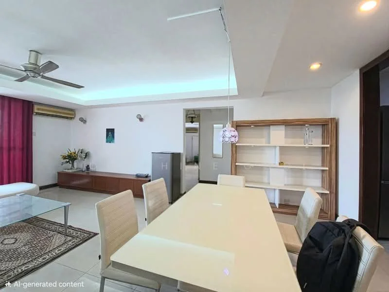 Living features: 5-blade ceiling fan with light, recessed LED downlights, white painted walls, cream tiled flooring, sofa in white fabric, coffee table, TV console, wall-mounted TV, area rug with geometric pattern, dining table with 6 chairs, built-in shelving unit, fridge, curtains in burgundy, decorative wall art; style: modern.