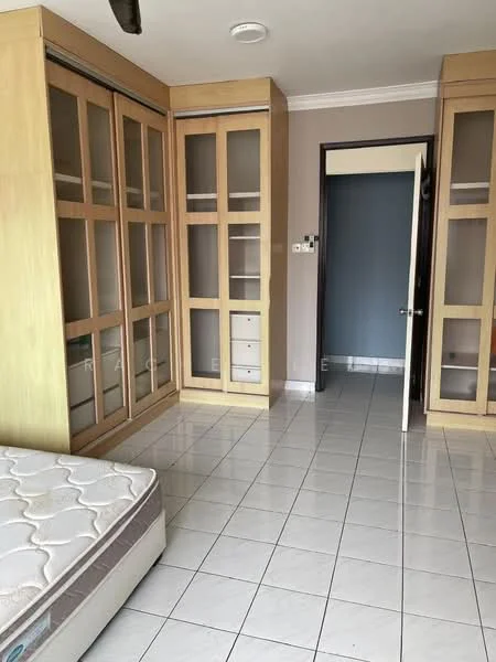 Bedroom features: white tiled flooring, built-in wardrobe with glass doors, light wood cabinetry, empty mattress on the floor, neutral wall color, ceiling fan, doorway leading to another room; style: modern.