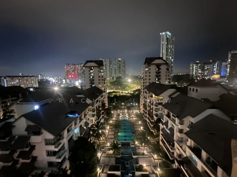 Exterior type: high-rise condominium; features: illuminated swimming pool, landscaped garden, surrounding high-rise buildings, night lighting, balconies on buildings, paved walkways, outdoor seating areas, manicured lawns; style: modern.