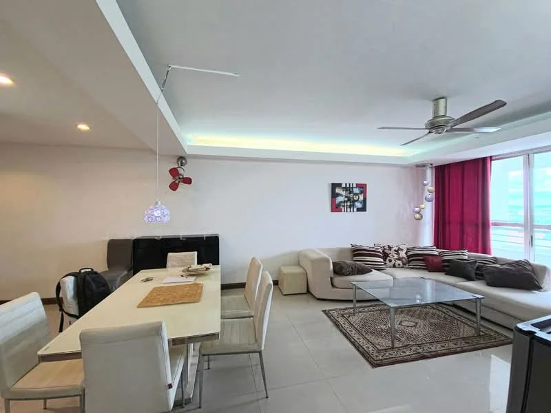 Living features: L-shape sectional sofa in cream, coffee table with glass top, area rug with geometric pattern, floor-to-ceiling windows, curtains in red, ceiling fan with light, wall-mounted artwork, decorative pendant light, recessed LED lighting; style: modern; view: city. Dining features: 6-seater dining table, upholstered dining chairs, sideboard cabinet, decorative placemat; style: modern.