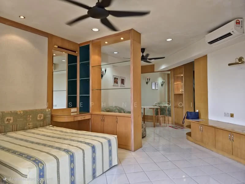 Bedroom features: queen-size bed with patterned bedding, built-in wooden cabinetry, glass display shelves, 2 ceiling fans, wall-mounted air conditioning unit, white tiled flooring, decorative wall sconces, neutral wall color, large mirror, seating area with cushions; style: modern.