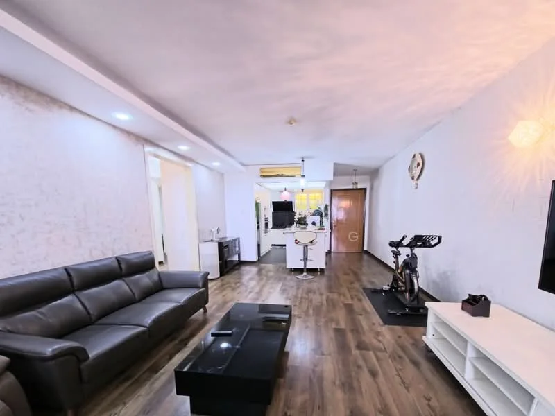 Living features: 3-seater leather sofa in grey, coffee table, TV console, wall-mounted TV, wooden flooring, recessed downlights, decorative wall clock, exercise bike, open layout to kitchen, white walls with textured finish, ceiling-mounted air conditioning unit; style: modern.