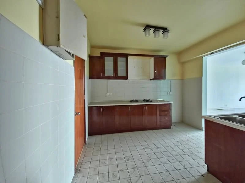 Kitchen features: brown wooden cabinetry, white tiled backsplash, granite countertop, double-bowl stainless-steel sink, chrome pull-down faucet, built-in gas hob, exposed ceiling lights, white painted walls, tile flooring, window with natural light; style: modern.