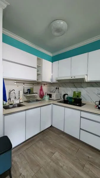 Kitchen features: white cabinetry with flat-panel doors, marble backsplash, laminate countertop, single-bowl stainless-steel sink, chrome pull-down faucet, built-in microwave, freestanding kettle, toaster, black coffee machine, dishwasher, ceramic tile flooring, recessed ceiling light, blue accent wall, open shelving; style: modern.