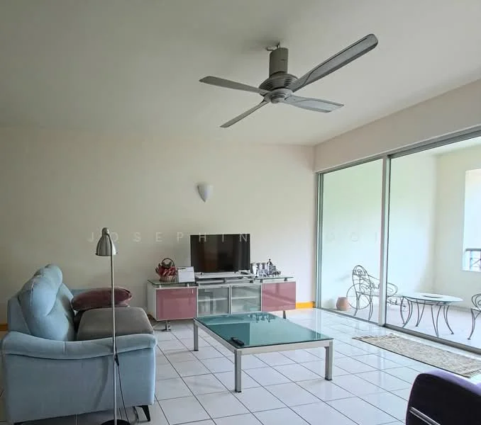 Living features: 3-seater fabric sofa in light blue, ceiling fan with integrated light, glass coffee table, wall-mounted TV, TV console with storage, floor-to-ceiling sliding glass doors, white tiled flooring, decorative rug, lamp with shade, accent chair, natural light from sliding doors; style: modern; view: garden.