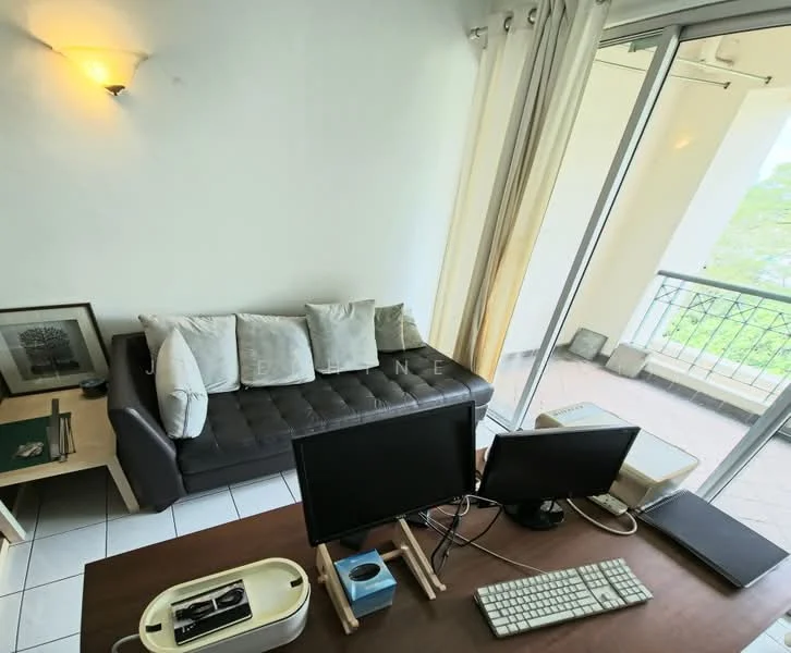 Living features: brown leather sofa, 4 decorative cushions, white walls, tile flooring, floor-to-ceiling windows, sheer curtains, wooden coffee table, 2 computer monitors on desk, desk with storage, wall-mounted light fixture; style: modern; view: garden.