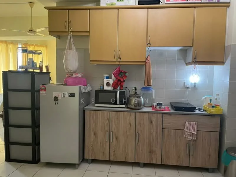 Kitchen features: light wood cabinetry, stainless-steel fridge, built-in oven, stainless-steel sink, chrome pull-down faucet, countertop with space for appliances, tile backsplash, ceramic tile flooring, hanging storage for utensils, open shelving, microwave, kettle, cooking pot, dish rack; style: modern.