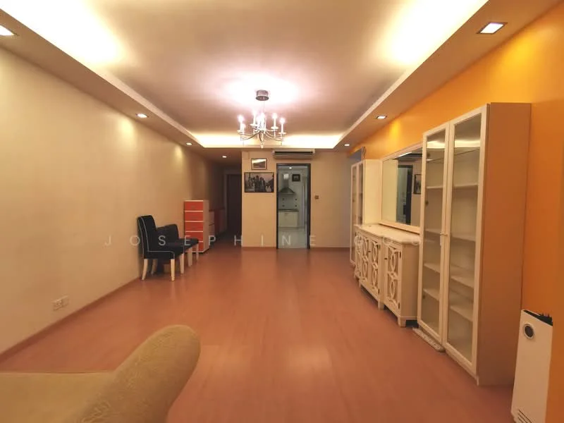 Living features: laminate flooring, white painted walls, orange accent wall, chandelier, recessed downlights, black upholstered chair, white sideboard with decorative carvings, red storage unit, built-in shelving unit, air conditioning unit; style: modern.