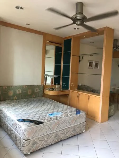 Bedroom features: queen-size bed frame without mattress, upholstered headboard, built-in wardrobe with sliding doors, wood cabinetry, mirror panel, ceiling fan, white painted walls, tile flooring, decorative wall paneling, natural light from windows; style: modern.