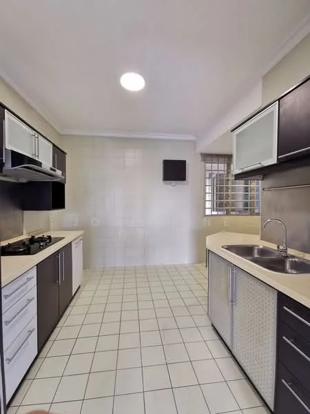 Kitchen features: white cabinets with silver handles, dark wood lower cabinets, stainless-steel double-bowl sink, chrome pull-down faucet, gas stove with 4 burners, exhaust hood, light-colored countertop, white tiled backsplash, cream tiled flooring, window with metal grille, ceiling light fixture; style: modern.