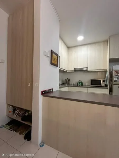 Kitchen features: light wood cabinetry, grey countertop, built-in microwave, refrigerator, kitchen island with storage, white tiled backsplash, under-cabinet lighting, ceramic tile flooring, open shelving, wall-mounted cabinets; style: modern.
