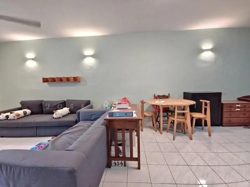 Living features: grey fabric sectional sofa, 2-seater grey fabric sofa, wooden dining table with 4 chairs, white tiled flooring, light green painted walls, wall-mounted lights, wooden shelf on wall, decorative items on shelf, wooden storage cabinet; style: modern.