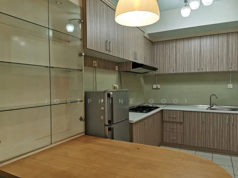 Kitchen features: laminate cabinetry in light wood finish, white countertop, stainless-steel sink, chrome pull-down faucet, 4-burner gas hob, built-in oven, stainless-steel fridge, glass shelving unit, tile backsplash, recessed downlights, pendant light, ceramic tile flooring, green tiled walls; style: modern.