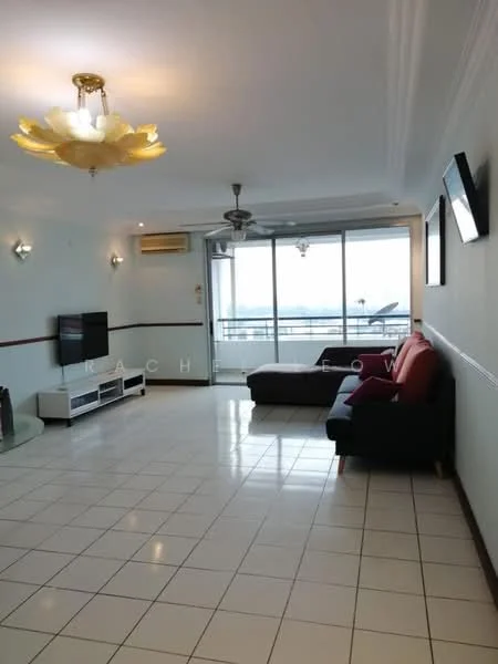 Living features: white painted walls, glossy white tile flooring, 5-blade ceiling fan with light, chandelier, floor-to-ceiling windows, sliding glass door, black fabric sofa, red fabric sofa, TV console, wall-mounted TV, decorative wall sconces; style: modern; view: city.
