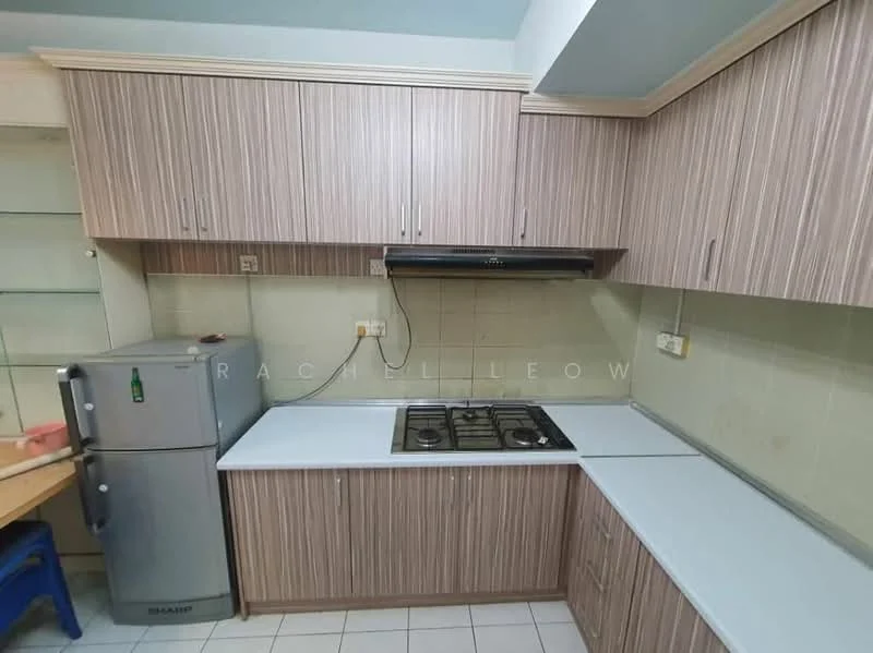 Kitchen features: laminate cabinetry in light wood finish, white laminate countertop, built-in gas hob, stainless-steel range hood, single-door fridge in silver, white tiled backsplash, white tiled flooring, wall-mounted cabinets, open shelving, under-cabinet lighting; style: modern.