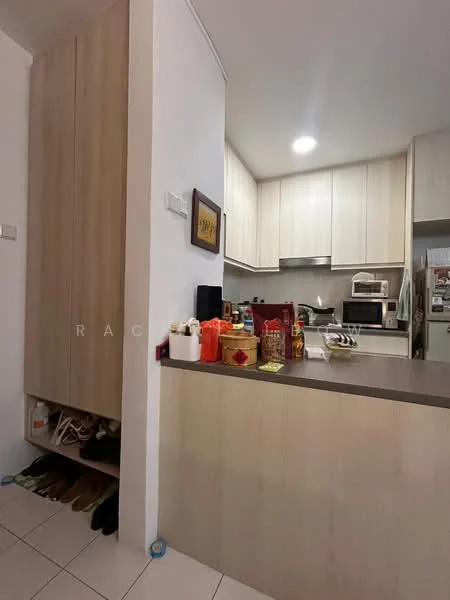 Kitchen features: light wood cabinetry, grey countertop, built-in microwave, freestanding range oven, stainless-steel fridge, open shelving, tile flooring, recessed downlights; style: modern.