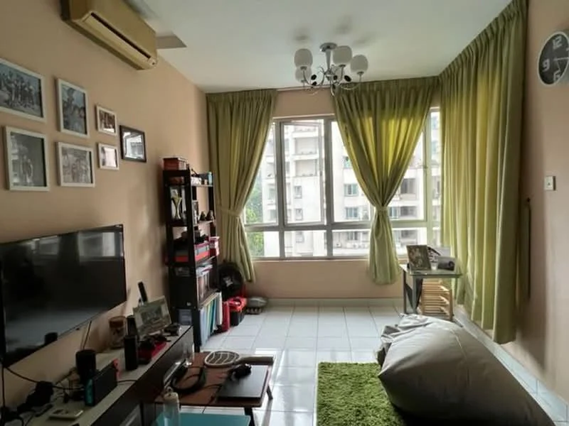 Living features: light green curtains, floor-to-ceiling windows, white walls, ceiling light fixture with multiple bulbs, wall-mounted TV, wooden TV console, black shelving unit, framed photographs on wall, green area rug, bean bag, white tiled flooring, air conditioning unit; style: modern; view: city.