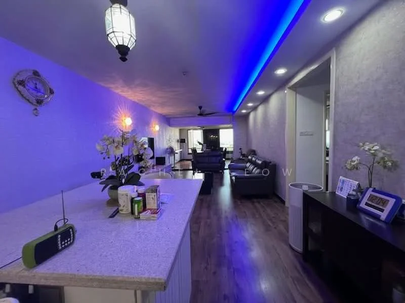 Living features: grey leather sofa, 3-seater fabric sofa in black, coffee table, TV console, wall-mounted TV, recessed LED downlights, blue LED strip lighting, wooden flooring, decorative wall clock, potted plants, ceiling fan, open layout to kitchen, large windows with city view; style: modern; view: city. Kitchen features: granite countertop, stainless-steel sink, kitchen cabinets, kitchen appliances, open layout to living area; style: modern.