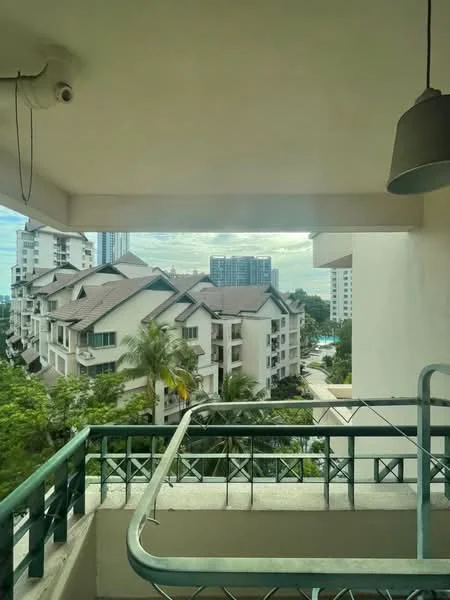 Room features: balcony with railing, greenery view, city skyline view, overhead light fixture, concrete flooring, white walls, sliding glass door, outdoor space; style: modern; view: city.