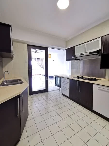 Kitchen features: L-shaped countertop, cream laminate countertop, dark wood cabinetry, stainless-steel sink, chrome pull-down faucet, 4-burner gas hob, built-in oven, tile flooring, white tiled walls, floor-to-ceiling windows, sliding glass door, light fixture; style: modern.