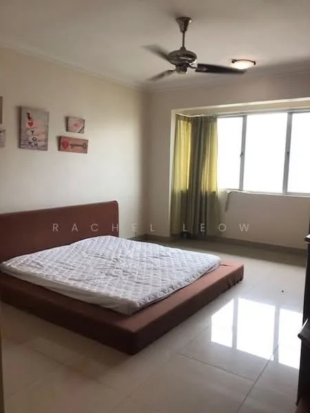 Bedroom features: queen-size bed, upholstered headboard, ceiling fan, floor-to-ceiling windows, curtains, cream painted walls, glossy tile flooring, decorative wall art; style: modern.