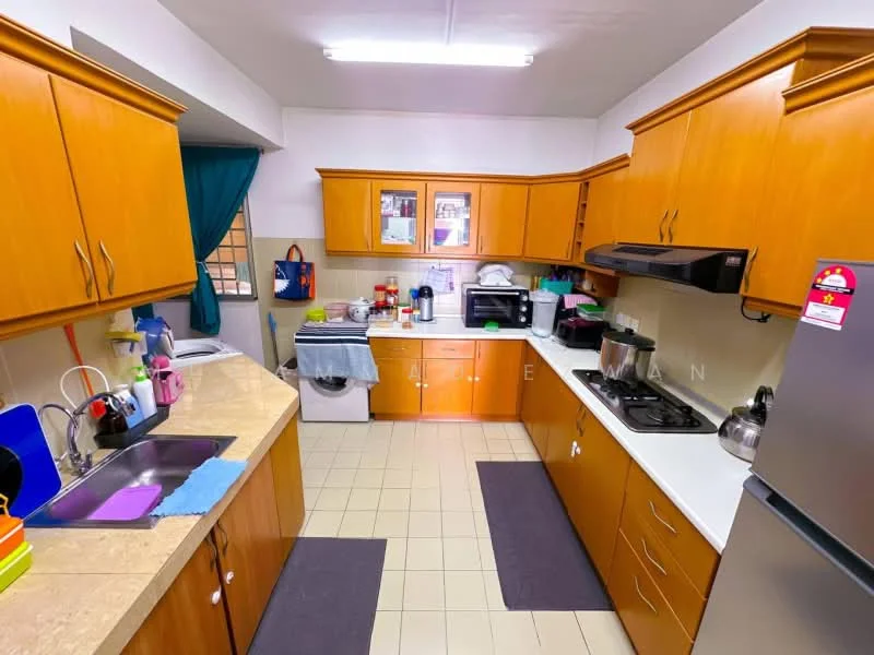 Kitchen features: wood cabinetry in light brown, granite countertop, double-bowl stainless-steel sink, chrome pull-down faucet, built-in gas stove, built-in oven, microwave, refrigerator, washing machine, tile flooring, wall-mounted cabinets, window with sheer curtains, kitchen mats, appliances on countertop; style: modern.