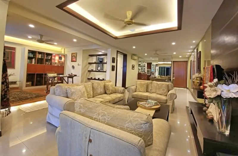 Living features: cream upholstered sofas, coffee table, area rug with floral pattern, recessed ceiling with downlights, ceiling fan, wall-mounted shelves, decorative wall art, wooden sideboard, marble flooring, open layout to dining area; style: contemporary.