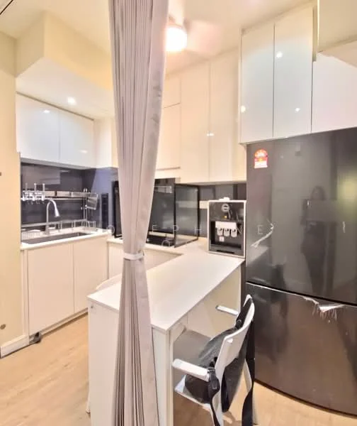 Kitchen features: white cabinetry, black refrigerator, stainless-steel sink, chrome pull-down faucet, white countertop, built-in oven, 4-burner gas hob, open shelving, wooden flooring, recessed downlights, ceiling fan; style: modern.