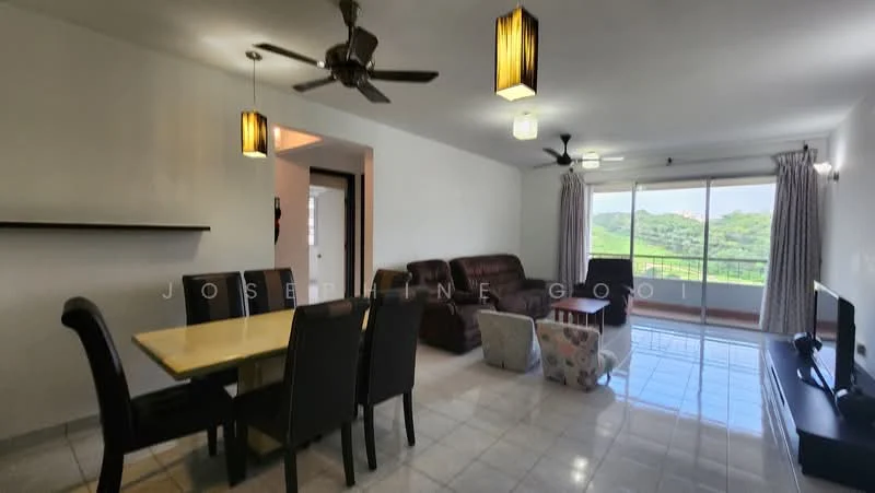 Living features: 3-seater brown leather sofa, 2-seater brown leather sofa, coffee table, dining table with 4 black chairs, ceiling fan with light, recessed downlights, floor-to-ceiling windows, curtains, white painted walls, tile flooring, mountain view; style: modern; view: mountain.