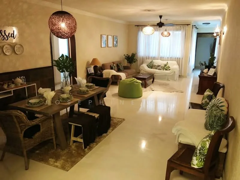 Living features: cream painted walls, polished marble flooring, 5-blade ceiling fan with light, floor-to-ceiling windows with sheer curtains, L-shape sectional sofa in beige, white armchair with green cushion, wooden coffee table, decorative throw pillows, area rug with geometric pattern, wall-mounted artwork, indoor plants in ceramic pots, wooden side table, TV console, decorative lamp; style: modern. Dining features: wooden dining table, 4 dining chairs, table setting with plates and cutlery, woven placemats, decorative centerpiece, green accent chair, wall-mounted decor, indoor plants; style: modern.