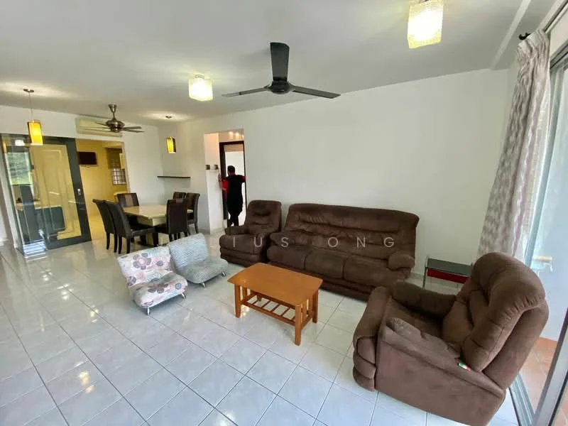 Living features: 3-seater brown fabric sofa, 2-seater brown fabric sofa, armchair, wooden coffee table, floor-to-ceiling windows, white painted walls, ceramic tile flooring, ceiling fan with light, recessed downlights, dining table with chairs, decorative cushions, curtains; style: modern.