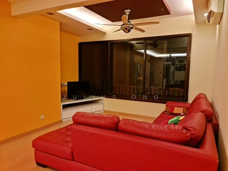 Living features: red leather sectional sofa, coffee table, TV console, wall-mounted TV, large window with city view, ceiling fan, recessed lighting, cream painted walls, wood flooring, decorative ceiling with tray design; style: modern; view: city.