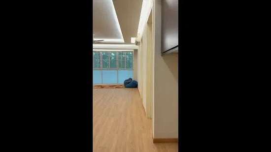 Room features: light wood laminate flooring, white painted walls, recessed ceiling lights, large windows with natural light, ceiling fan, blue bean bag chair, neutral color scheme; style: modern; view: garden.