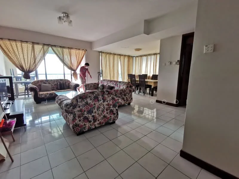 Living features: floral-patterned fabric sofas, coffee table, wall-mounted TV, large windows with sheer curtains, tile flooring, recessed ceiling lights, dining area visible in background, decorative wall, open layout; style: contemporary; view: city.